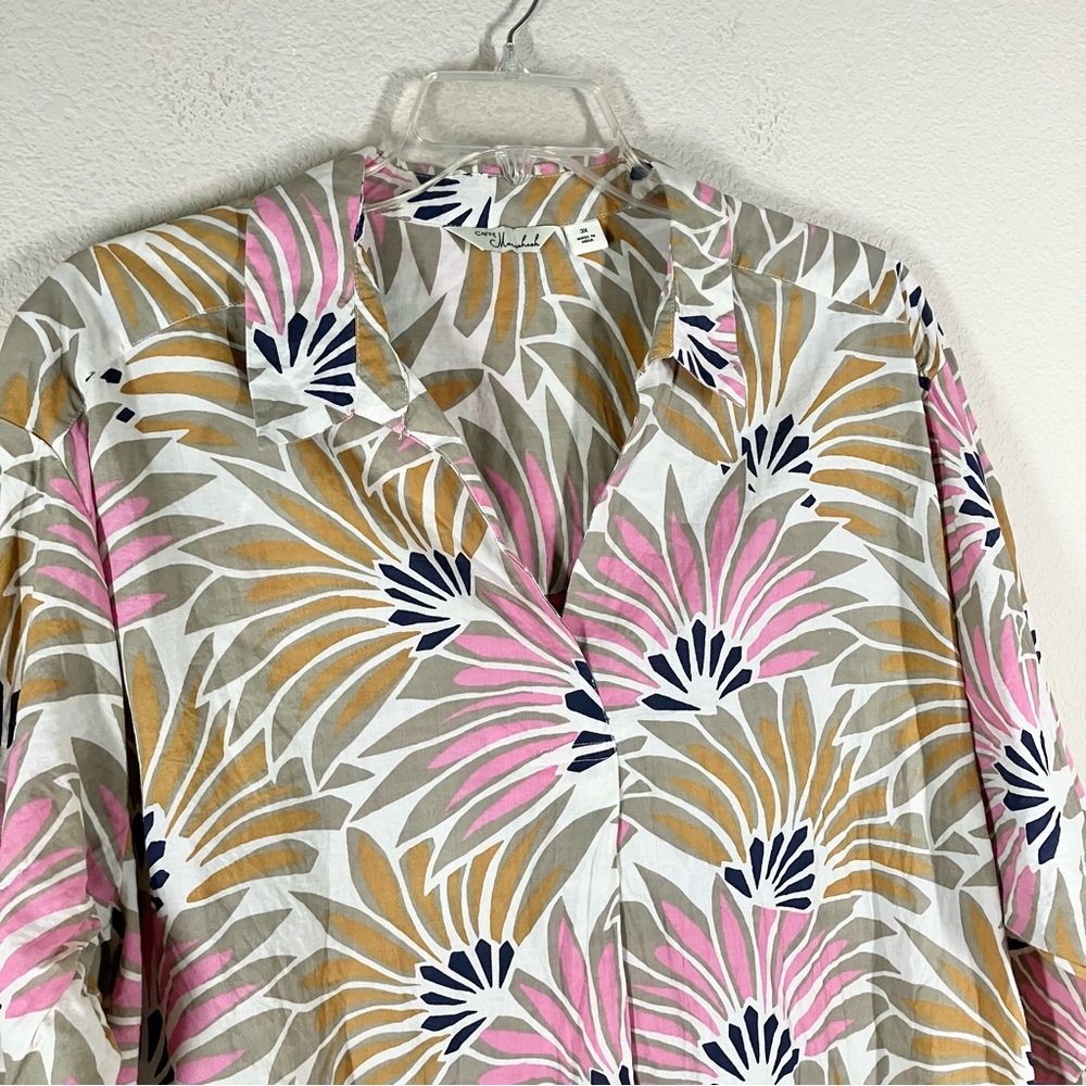 Tropical Fan Print Tunic 3X Cotton Pullover Blouse Boho Resort Vacation Spring - Picture 3 of 12